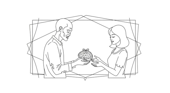 Zombie offers brain to smiling woman, abstract geometric frame, concept of desire and exchange