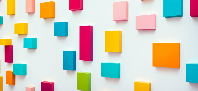 colorful geometric 3d blocks and rectangular prisms in vibrant yellow orange pink blue green magenta hues arranged on wall with soft shadows casting modern abstract composition