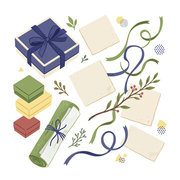 Gifts and cards with decorative ribbons.