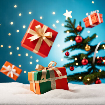 red green orange gift boxes with ribbons on snow base with christmas tree blue background lights