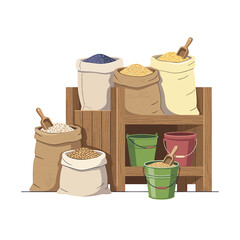 Buckets and bags of grain products. © Bibit