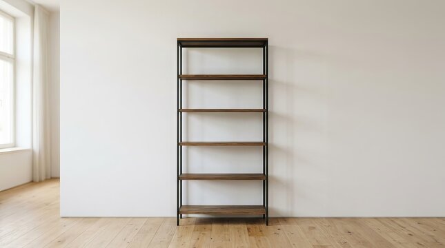 Modern industrial metal and wood bookshelf in empty room.