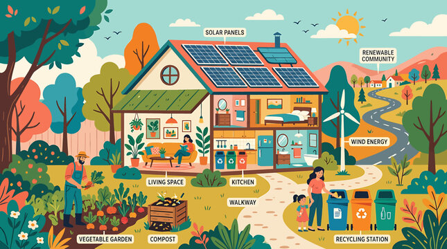Eco Friendly Cartoon House with Solar Panels and Wind Turbine.