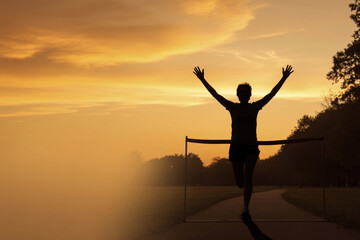 Fototapeta premium Runner sunset silhouette finish line victory success motivation sports outdoor fitness peaceful runner sunset silhouette finish line park, victory pose with raised arms, success and motivation