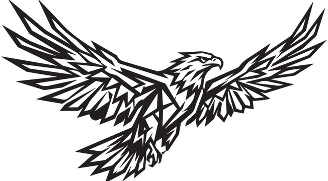 Stylized eagle vector illustration with spread wings and geometric lines for sports logo or tattoo design