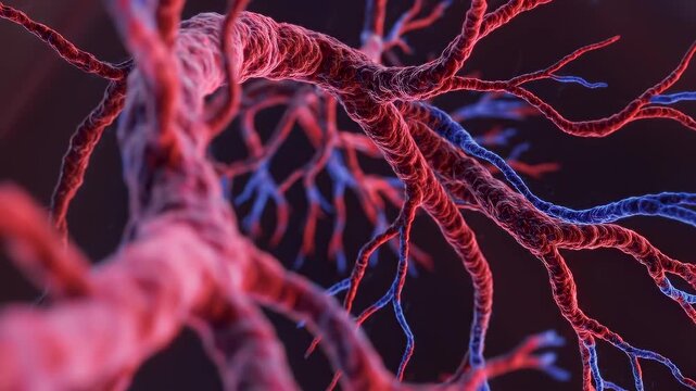 blade area, capillary threads flicker in dense micro-branching patterns, visualizing active microcirculation, oxygen exchange and blood flow dynamics in human tissue 