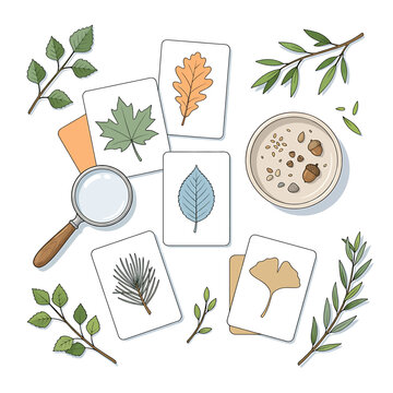 Leaves and cards with coffee cup.