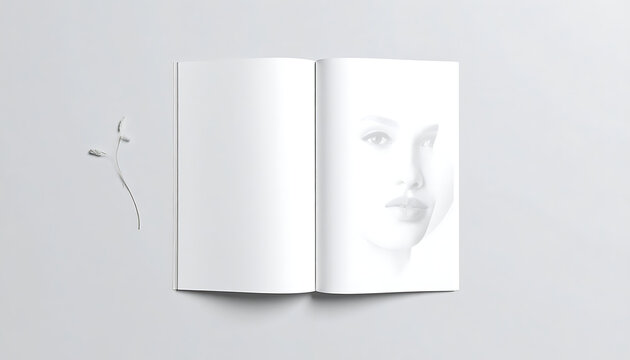 Open blank book mockup with soft female face silhouette, editorial layout template