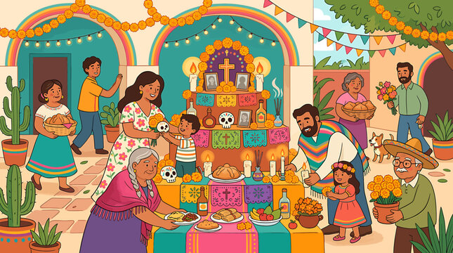 Family Celebrating Day of the Dead Festival with Decorations and Offerings.