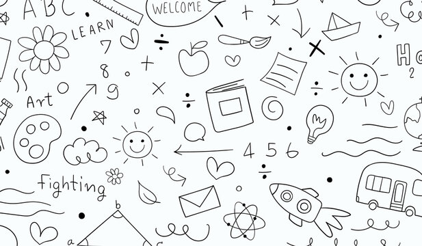 Doodle sketch pattern with education science and childhood icons, education