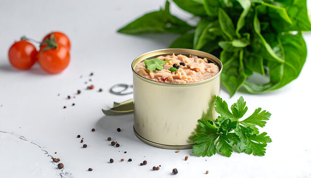 Open tin of canned fish with fresh herbs and cherry tomatoes, food preparation