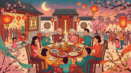 Fototapeta premium Family Celebrating Chinese New Year with Traditional Dinner.