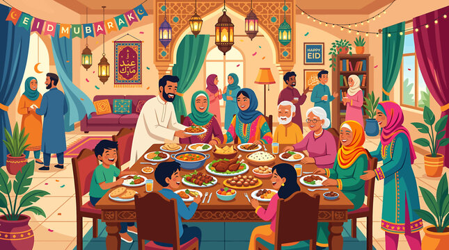 Festive Family Gathering for Iftar Meal in Traditional Setting.