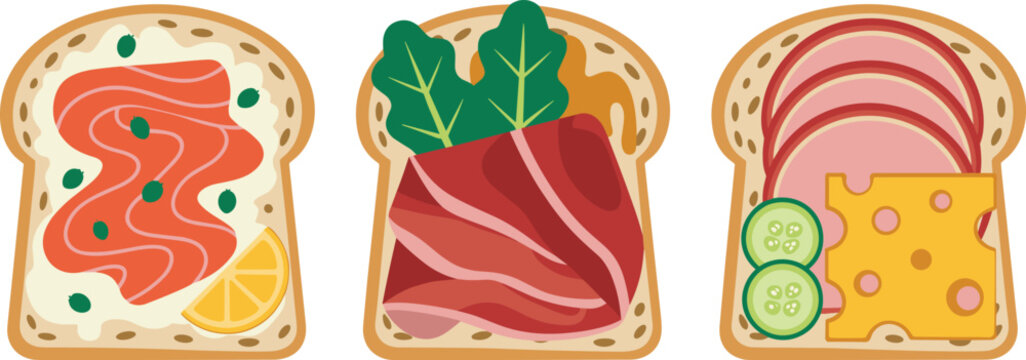 Gourmet open sandwich toast vector illustration set featuring smoked salmon with cream cheese raw tuna with greens ham cheese and fresh cucumber slices