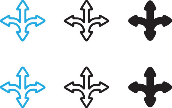Directional three way split arrows indicating navigation options and movement across various digital interfaces and maps