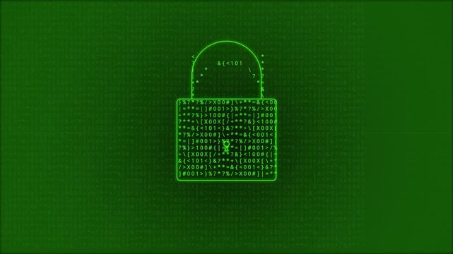 A green digital padlock with a pattern is locked on a dark green background.