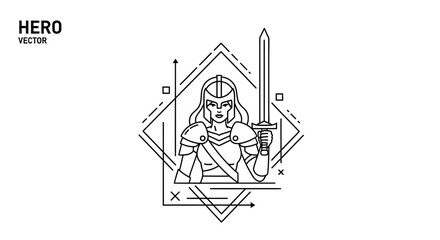 Obraz premium Heroic Warrior Woman with Sword, Geometric Design, Line Art Illustration