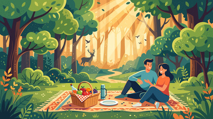 Romantic Picnic for Two in a Beautiful Sunlit Forest. © Aldian
