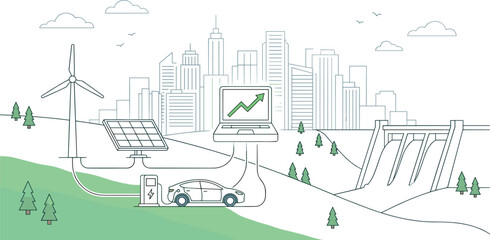 Sustainable smart city infrastructure vector illustration with renewable energy grid system solar panel wind turbine and hydroelectric dam © MdAnarulIslam