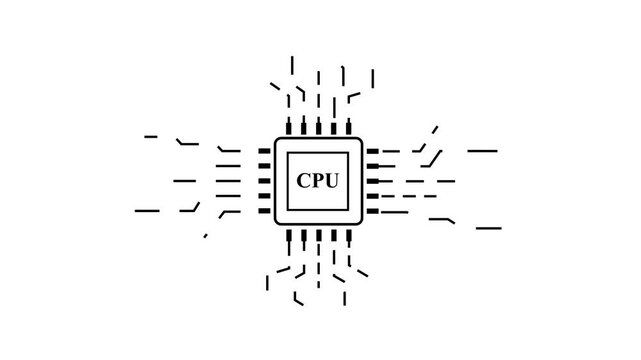 Central processing unit icon with radiating lines symbolizing data transfer , Electronic microchip design and technology network system, Abstract innovation and computer visualization.
