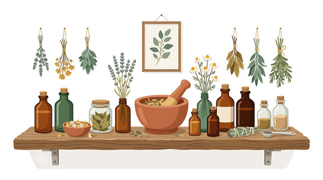 Wooden Shelf with Apothecary Bottles and Dried Herbs Display.