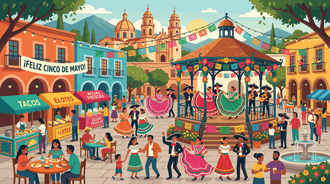 Festive Town Square Celebration with Traditional Dance and Music.