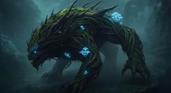 Mythical creature with glowing blue eyes.