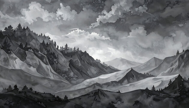 Monochromatic watercolor mountain landscape with cloudy sky, misty atmosphere, dramatic peaks, valley view, artistic textured background