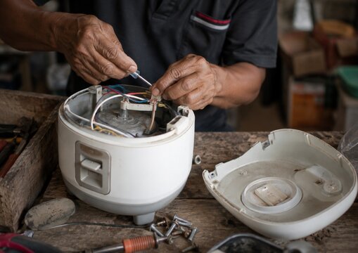 Hands Repairing Small Household Appliance in Local Workshop