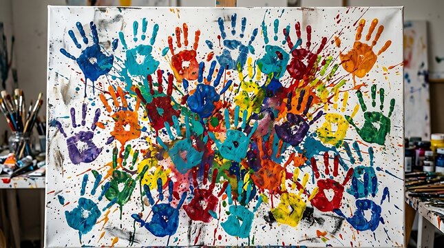 Colorful handprint art, vibrant paint smears, creative kid's project, artistic expression canvas