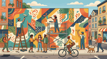Vibrant Urban Mural with People and Cyclists in Sunny City Street. © Sindi