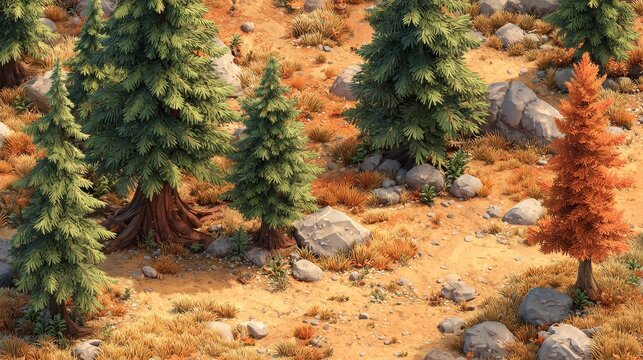 Seamless tileable cartoon forest ground with dirt, sparse pine needles, scattered pebbles, minimal detail, readable from distance, matte PBR texture for 3D environments