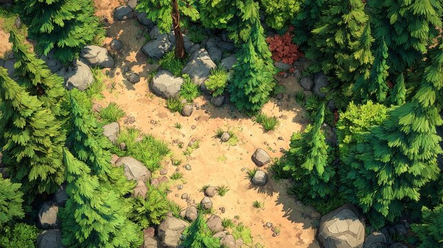 Seamless tileable cartoon forest ground with dirt, sparse pine needles, scattered pebbles, minimal detail, readable from distance, matte PBR texture for 3D environments