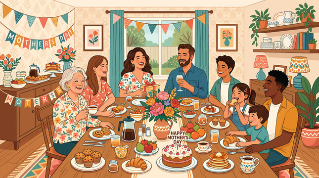Joyful family birthday celebration with cake and decorations at dining table.