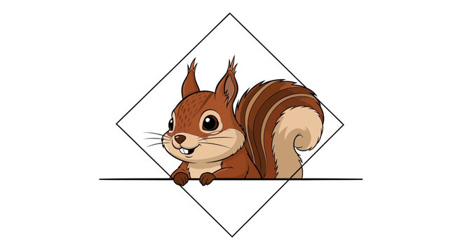 Cute Cartoon Squirrel Peeking Over a Line Inside a Diamond Frame