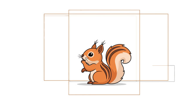 Cute cartoon squirrel sitting and eating nut in a golden frame, isolated on white background
