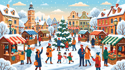 Vibrant Christmas Market Scene in Snowy Town Square with Crowds and Stalls. © Riki
