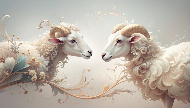Elegant Art Nouveau style two white sheep facing each other with copy space