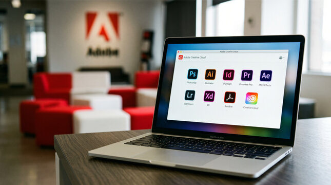 Adobe Creative Cloud software icons displayed on a MacBook Pro screen in a modern office lobby