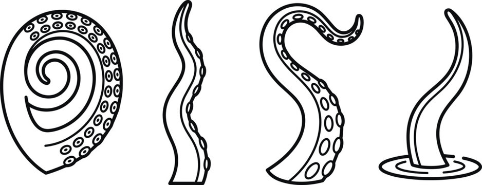 Octopus tentacle line art vector illustration set featuring curled sea monster arms giant kraken limbs with suckers emerging from water ripples on white background