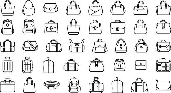 Icon set 40 line drawings of various bags and luggage handbags backpacks suitcases and more