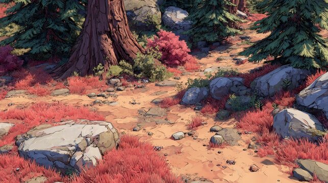 Seamless tileable cartoon forest ground with dirt, sparse pine needles, scattered pebbles, minimal detail, readable from distance, matte PBR texture for 3D environments