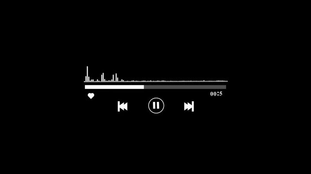 Audio player interface with waveform equalizer and playback controls , Abstract soundwave animation audio playback. Modern interface includes control buttons and favorite icon for music.