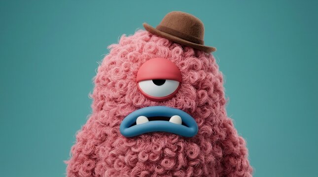 Cartoon fuzzy curly head character render featuring a single eye and blue mouth.