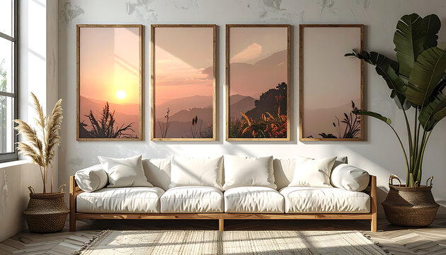 Modern living room interior with four landscape pixel art posters above a beige sofa and indoor plants, warm sunset mood