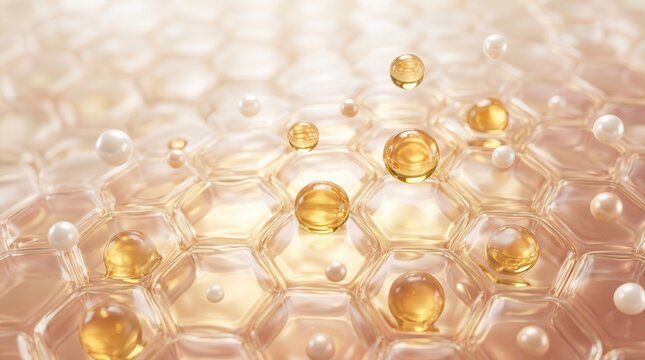 Microscopic view of skin cells with retinol vitamin and hyaluron essence for moisture.