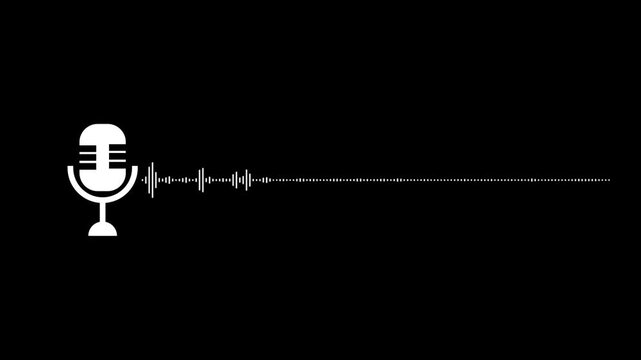 White vintage microphone with sound wave equalizer on black, Vintage-style microphone highlights podcast and media recording. Retro microphone icon visualizes sound and frequency.