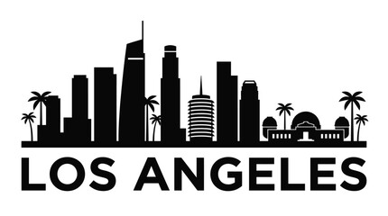 Obraz premium Detailed black silhouette graphic design of the famous Los Angeles city skyline featuring tall skyscrapers and iconic palm trees with bold text lettering presented in a clean and minimalist style on w
