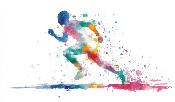 Colorful watercolor painting of a man running fast as an abstract silhouette with watercolor silhouette abstract colorful exercise painting movement training illustration splatter creative