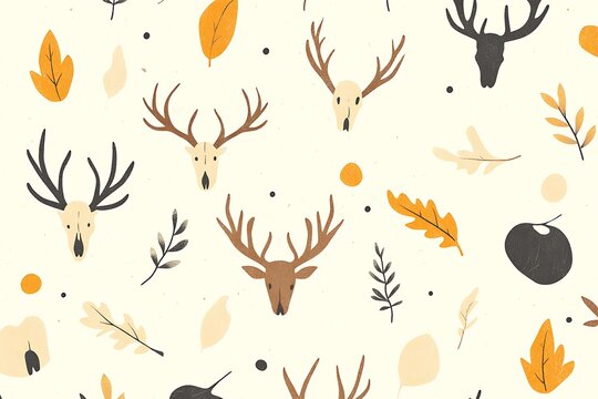 Autumnal deer heads and leaves pattern